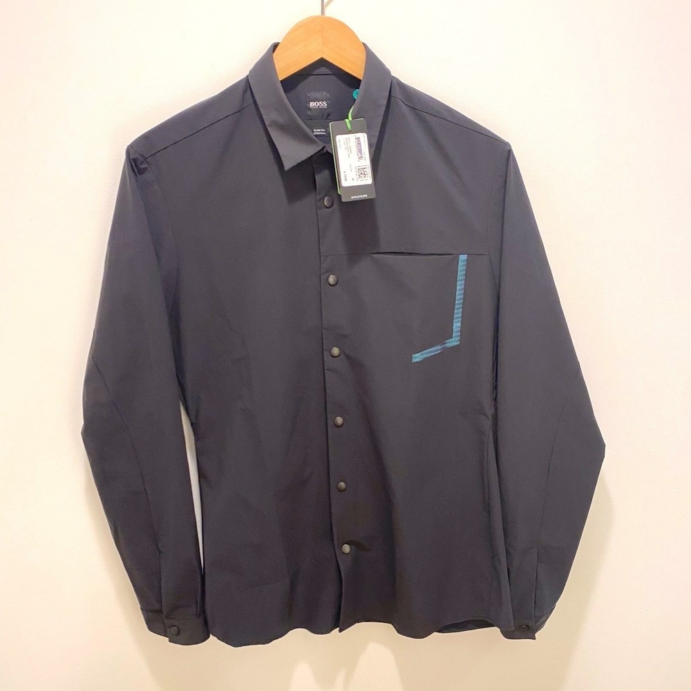 Hugo Boss Athleisure Slim Fit Stretch Shirt Black Snap Front 50452852 Mens M - Picture 3 of 9